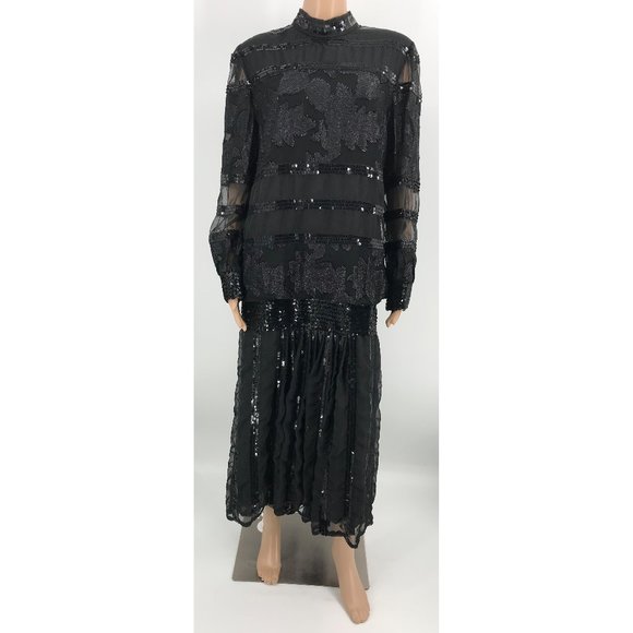 Vintage Dresses & Skirts - Vintage 80s Damianou Black Goth Long Sleeve Sequin Mesh Drop Waist Lined Dress